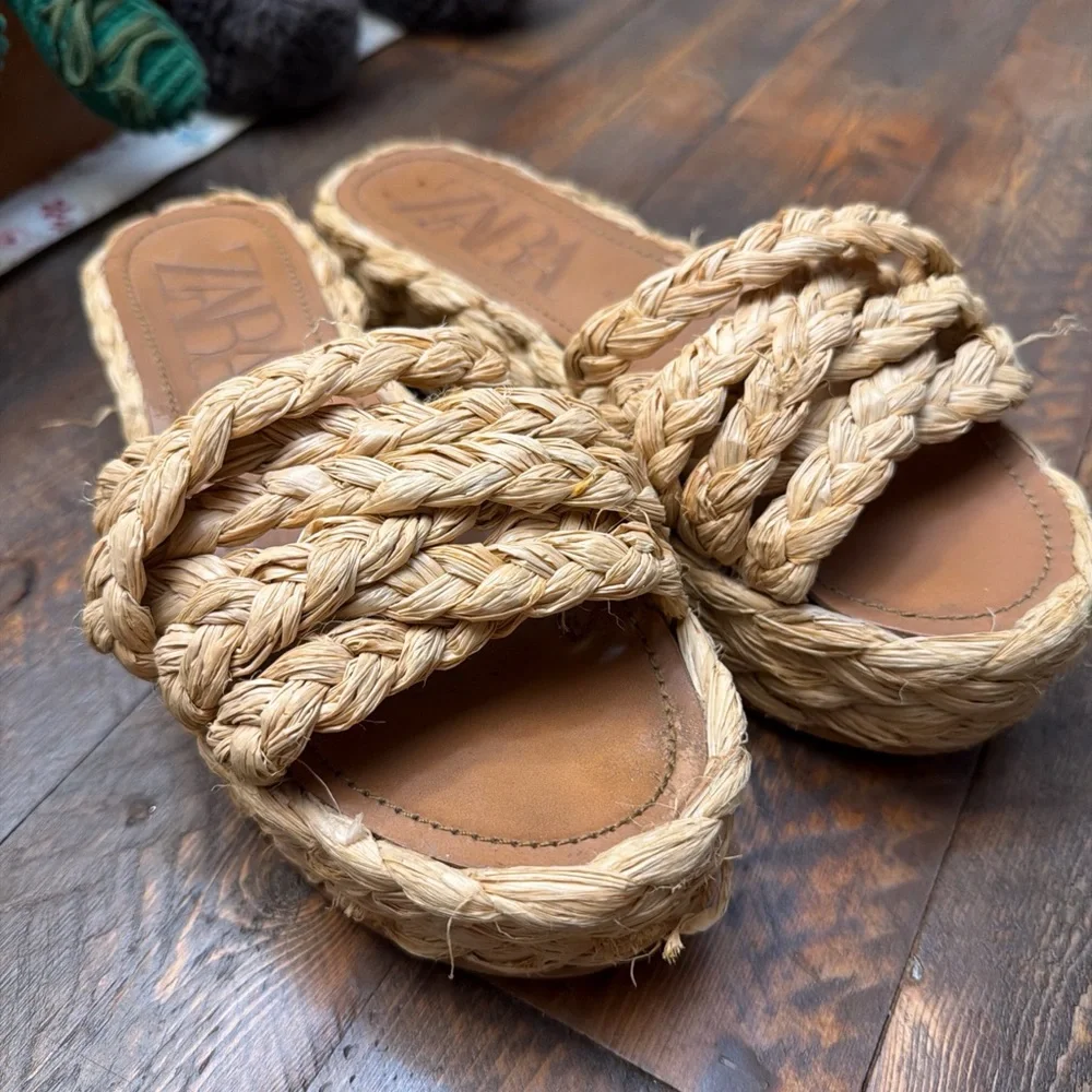 Zara Natural Raffia Platform Wedge Sandals Women's 39 Or US 8.5 GUC ZARA summer - Picture 2 of 11